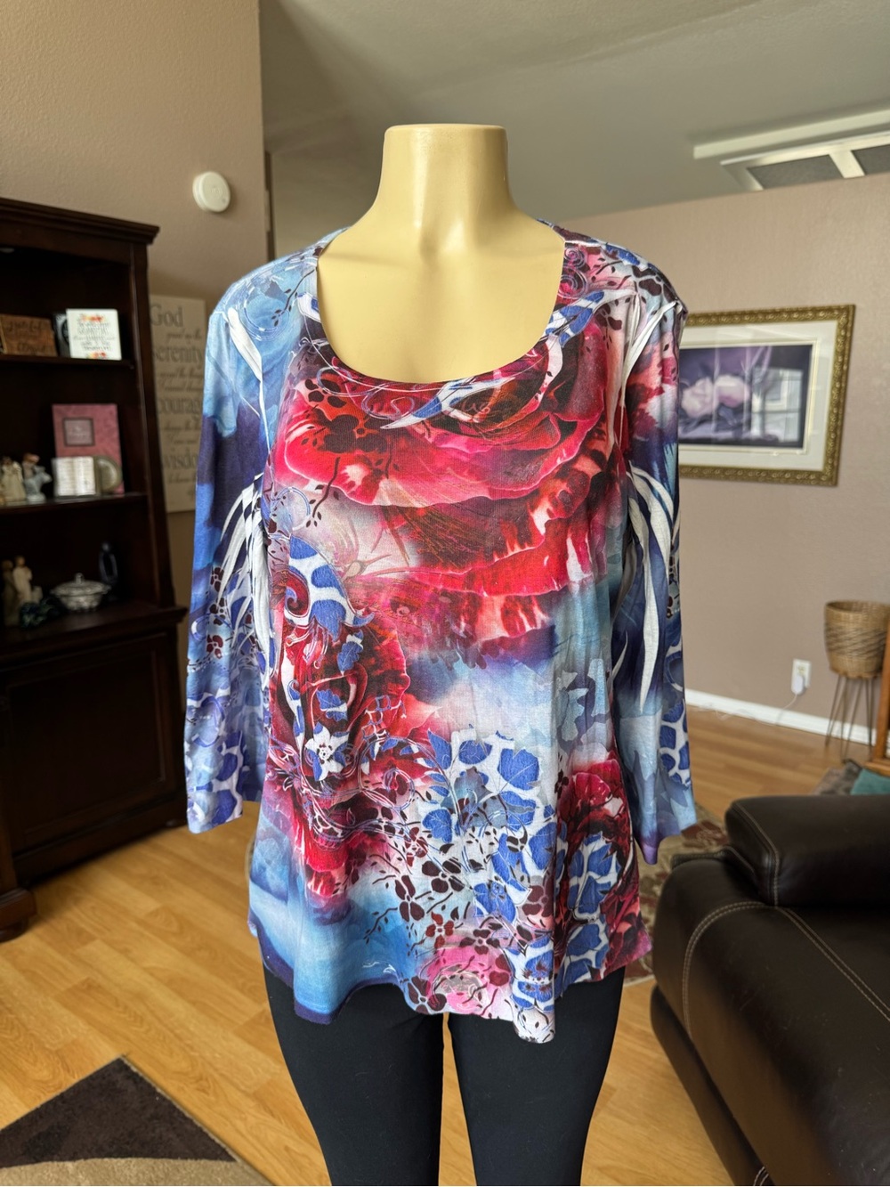 Style & Co blue & red floral scoop neck 3/4 sleeves knit blouse/size L